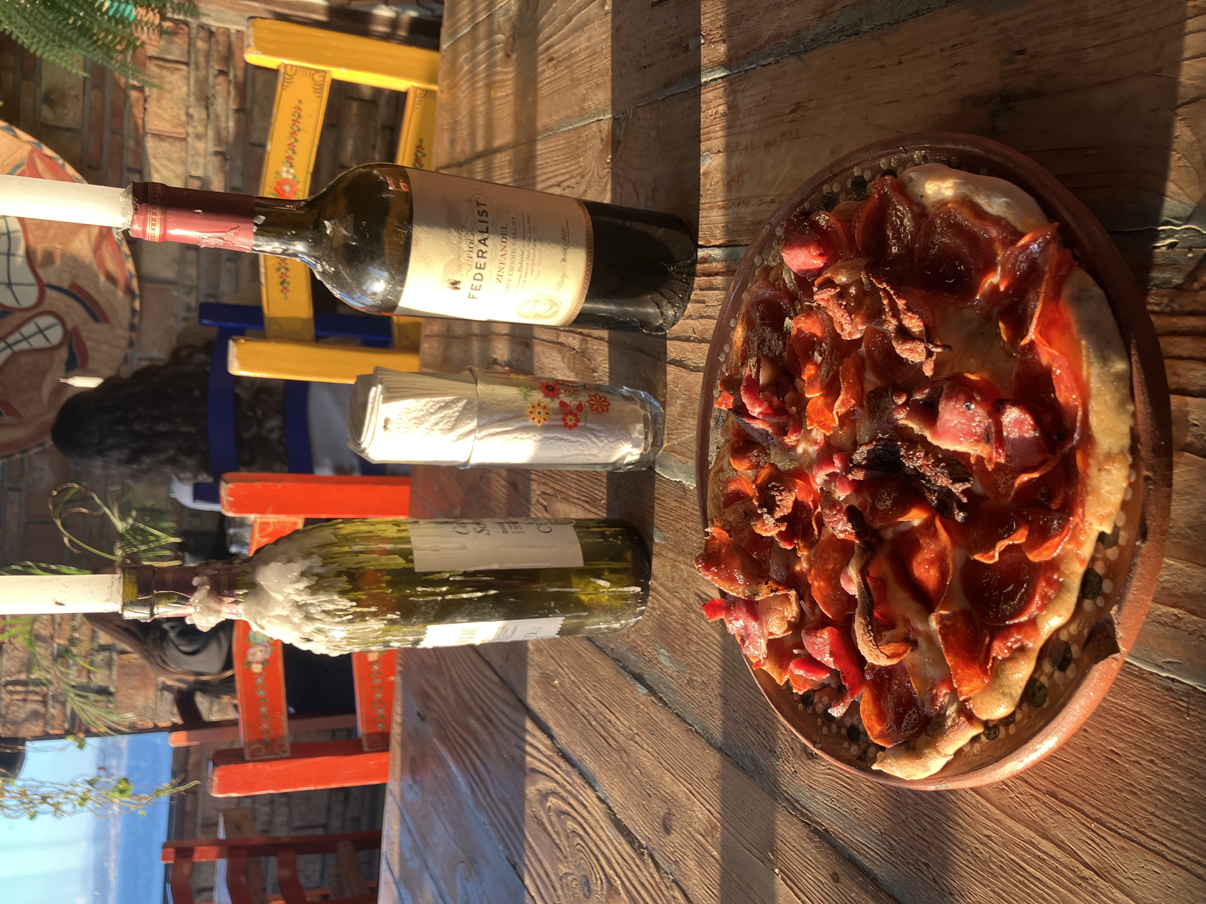 Pizza and wine at La Catrina restaurant in Rosarito